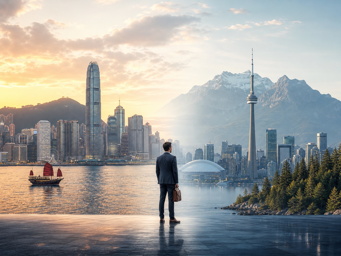 Hong Kong skyline and Canadian mountain landscape representing the immigration corridor